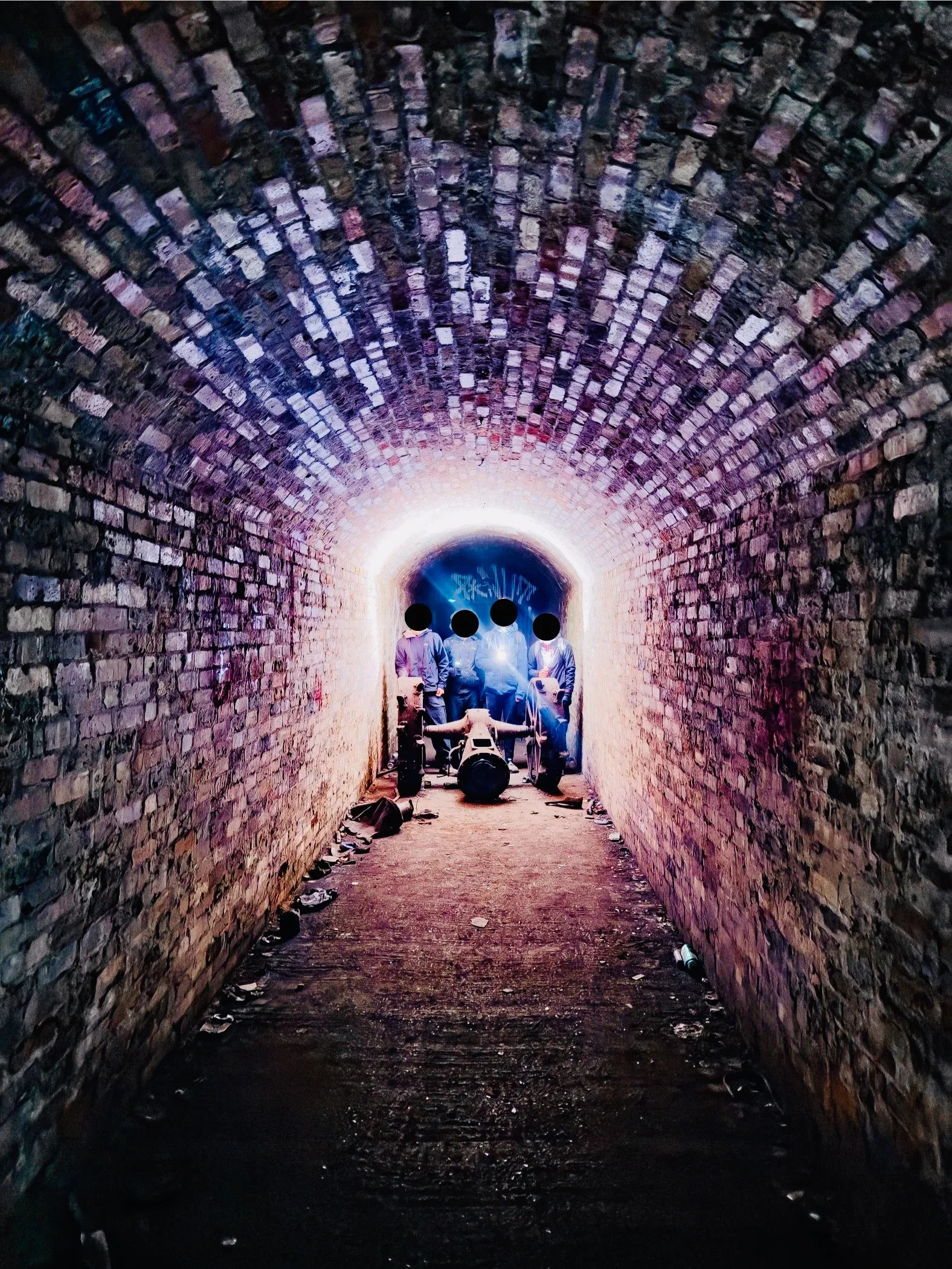 A wartime deep shelter dug beneath the grounds of Cane Hill Asylum, cut short by chalk. Photographs digitally stripped of graffiti to show what lies underneath.
